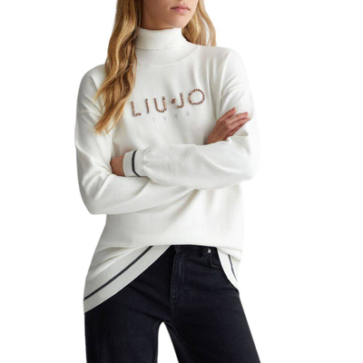 Turtleneck with logo and rhinestones, White, medium