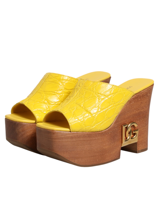 Yellow leather wood mule wedge slides shoes-null