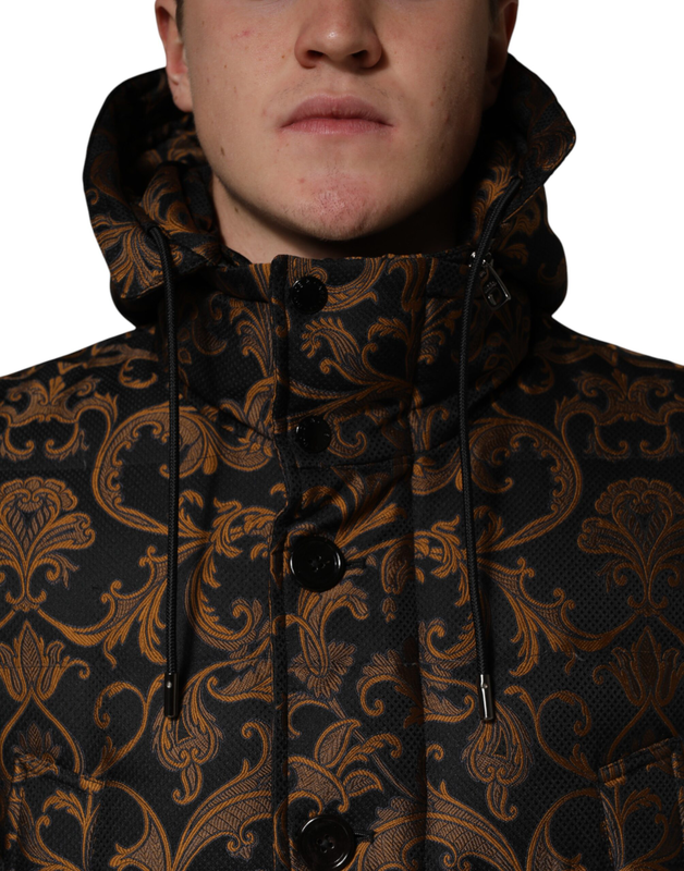 Black floral jacquard quilted hooded jacket-null