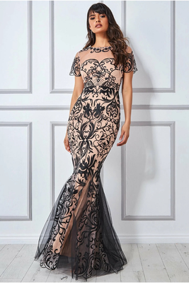Embroidered mesh  lace maxi with scalloped hem, Nude, medium