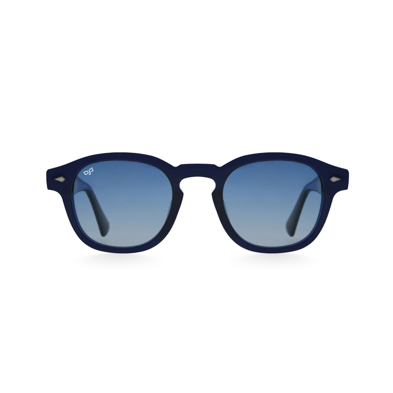 OJO sunglasses oval handmade clear blue frame and temples with blue polarised lenses rx-null
