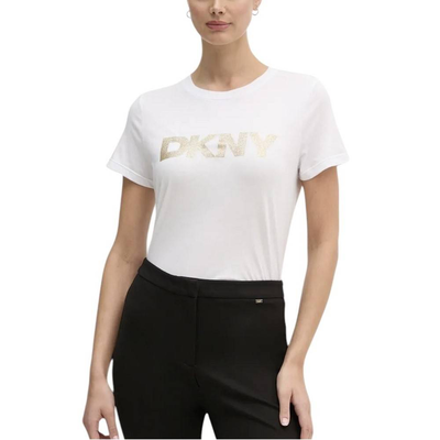 Dkny glitter logo crew neck top, White / Gold, medium