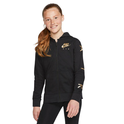 Girls sportswear Air fleece full zip hoodie, Black / Gold, medium