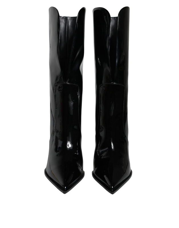 Black patent leather mid calf boots shoes-null