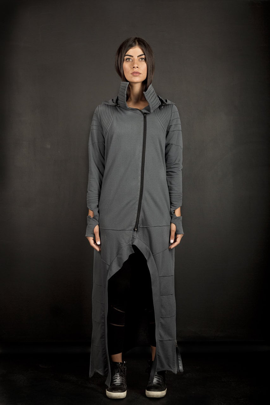 Cyberpunk long coat with hood/futuristic zipper women's jacket-null