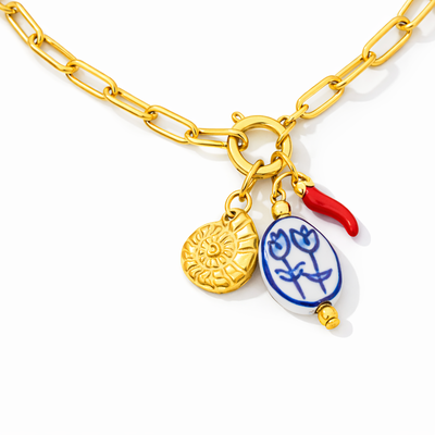 Golden stainless steel charm necklace with tulip & chilli, Golden, medium