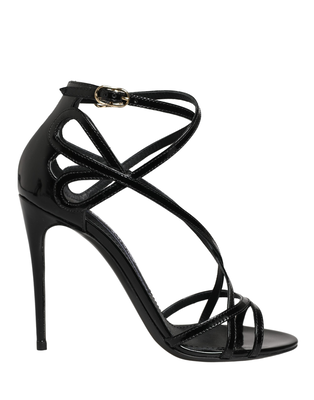 Black leather stiletto heel sandals shoes, Black, medium