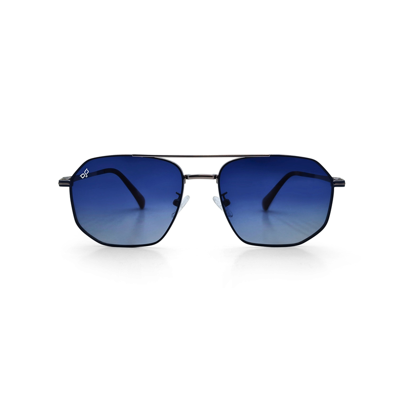 OJO sunglasses square silver blue frame and temples with gradient blue polarised lenses rx-null