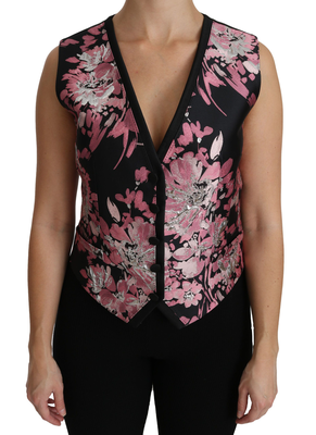 Black pink floral waistcoat vest blouse top, Black, medium