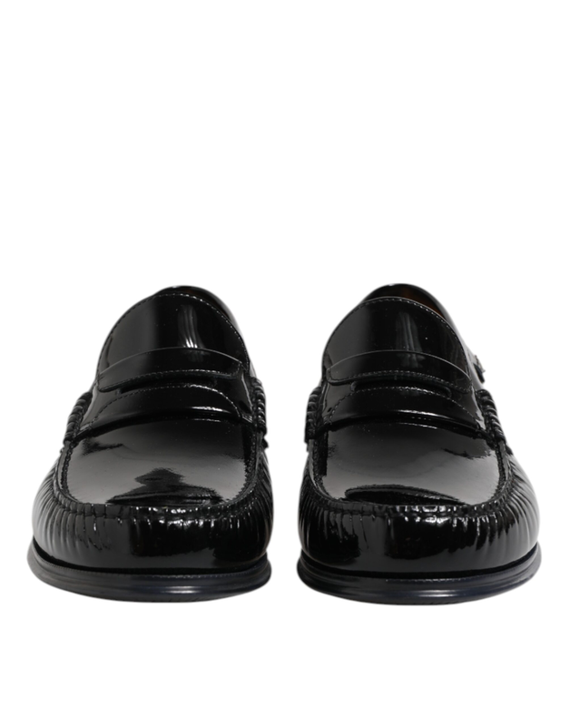 Black leather slip on loafers dress shoes-null