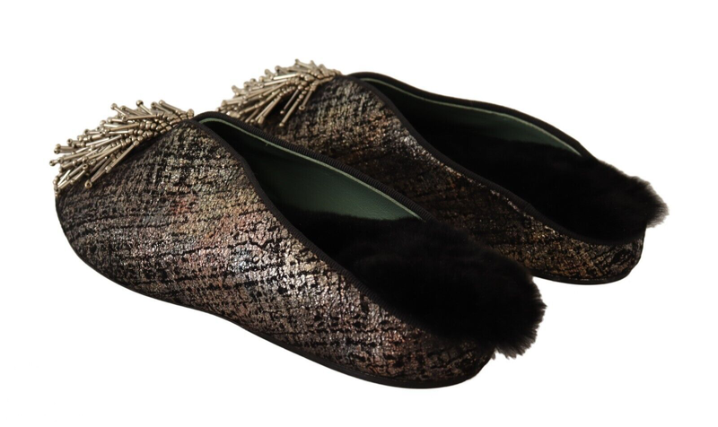 Gold jacquard leather embellished slip on shoes-null