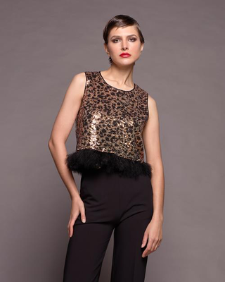 Crop top sequin animal print, Black Gold, medium