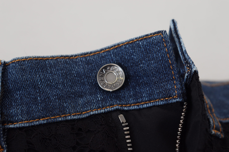 Black floral lace front skinny denim jeans-null