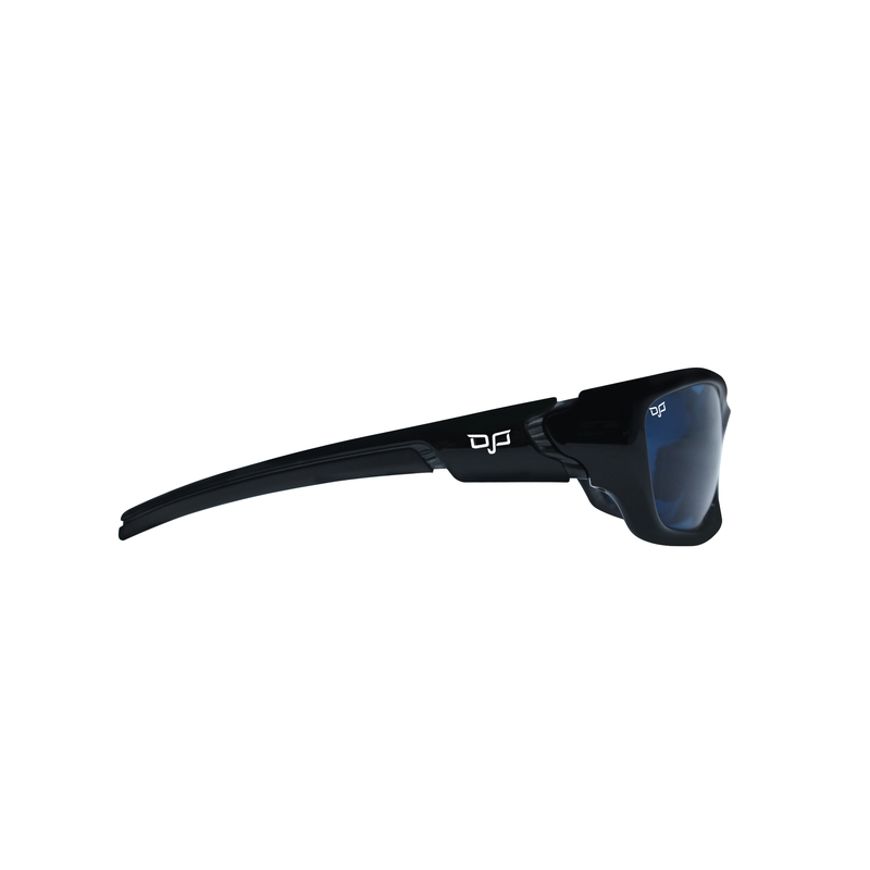 OJO active sunglasses with shiny black frame and shiny black temples and blue polarised lenses-null