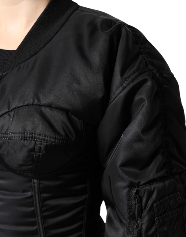 Black nylon full zip bustier corset jacket-null