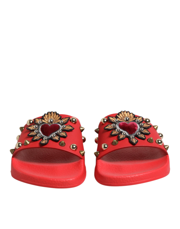 Red sacred heart stud slides beachwear shoes-null