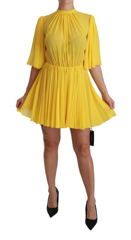 Yellow pleated a-line mini 100% silk dress-null