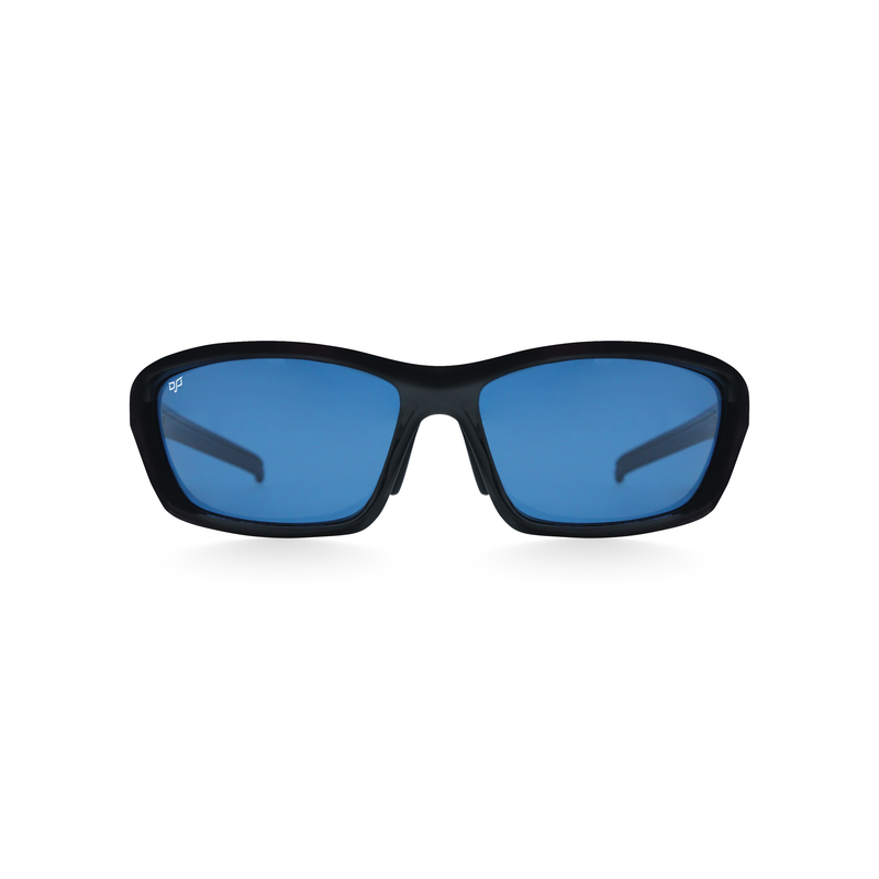OJO active sunglasses with shiny black frame and shiny black temples and blue polarised lenses-null