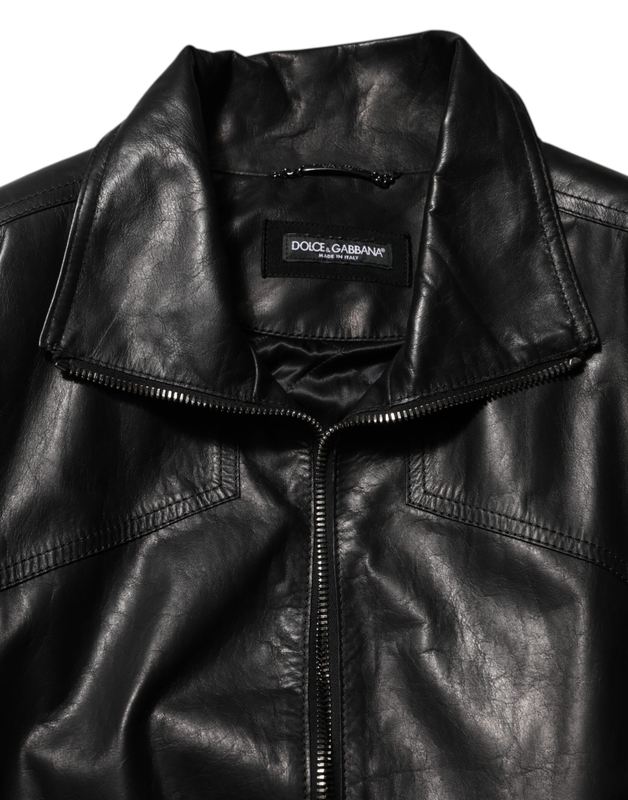 Black leather full zip biker blouson jacket-null
