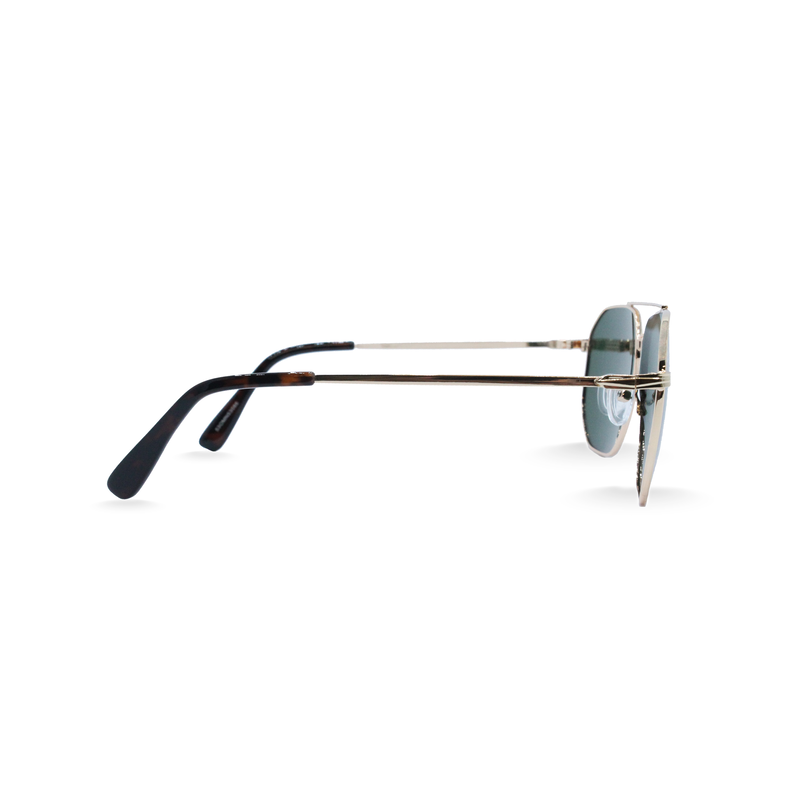 OJO sunglasses square gold frame and temples with green polarised lenses rx-null