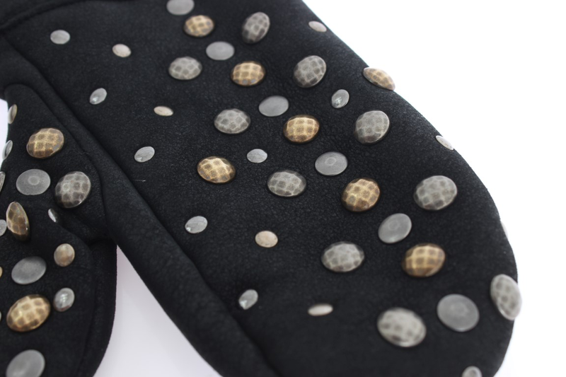 Gray wool shearling studded gloves-null