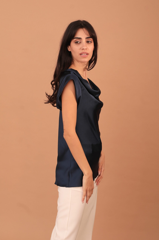 Draped short sleeved blouse - navy-null