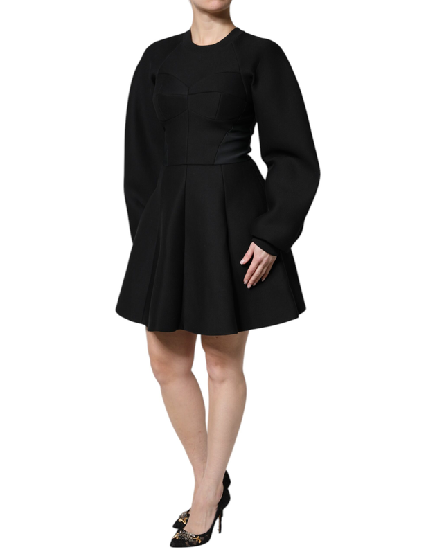 Black cotton long sleeves a-line mini dress-null