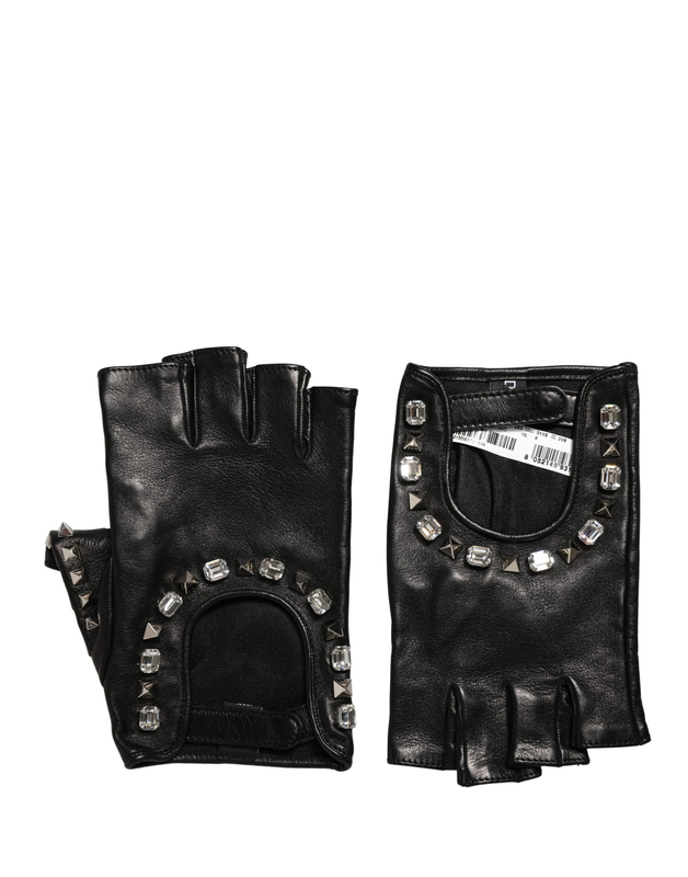 Black embellished wrist length mitten women gloves-null
