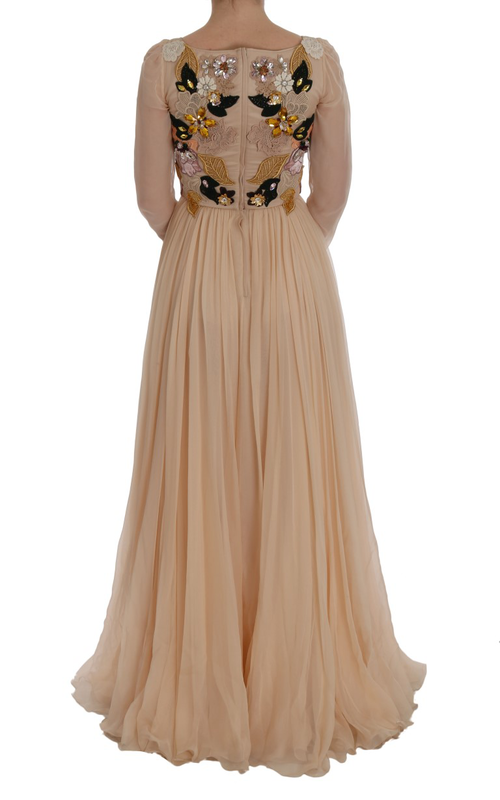 Pink silk floral crystal maxi gown dress-null
