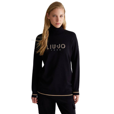 Turtleneck with logo and rhinestones, Black, medium