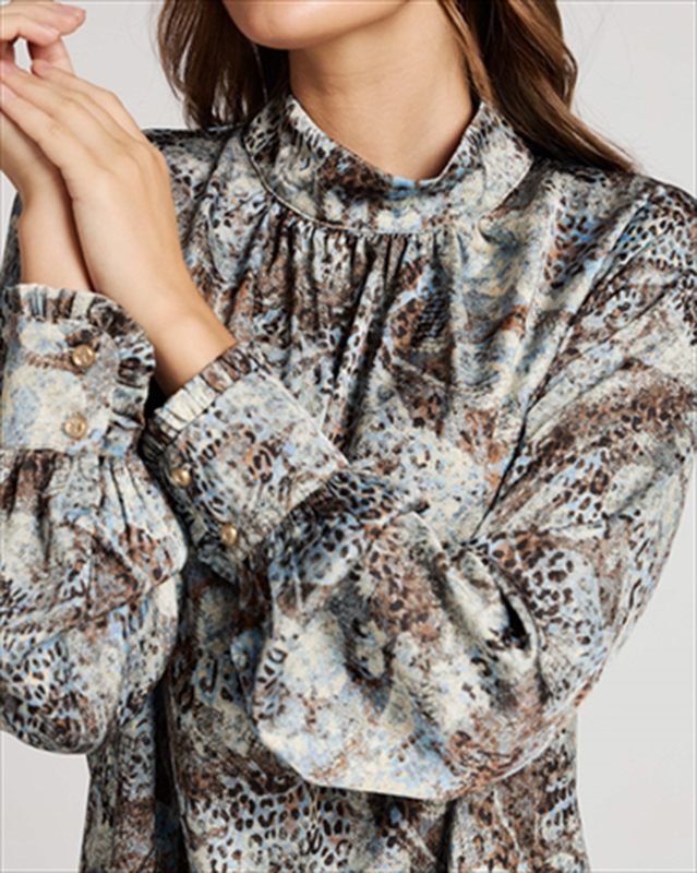 Blouse printed ruched mock neck-null