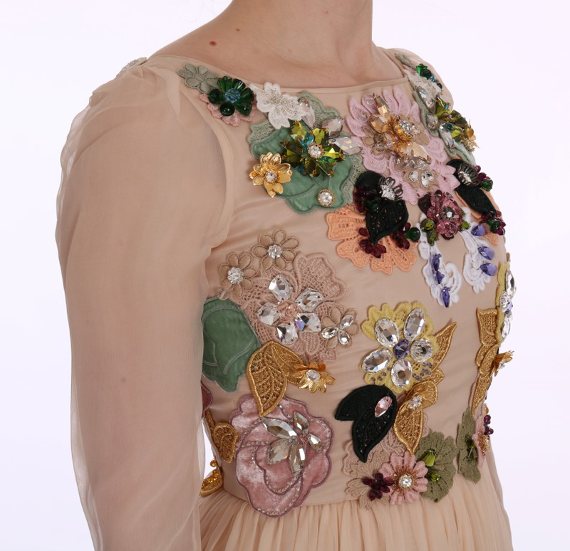 Pink silk floral crystal maxi gown dress-null