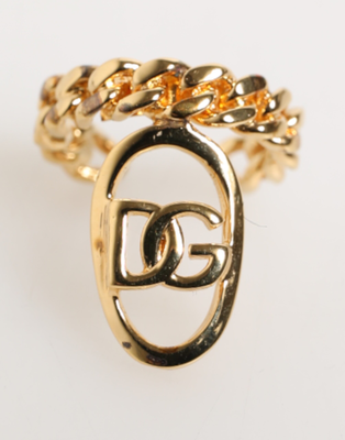Gold tone brass oval dg logo chain adjustable ring, Gold, medium