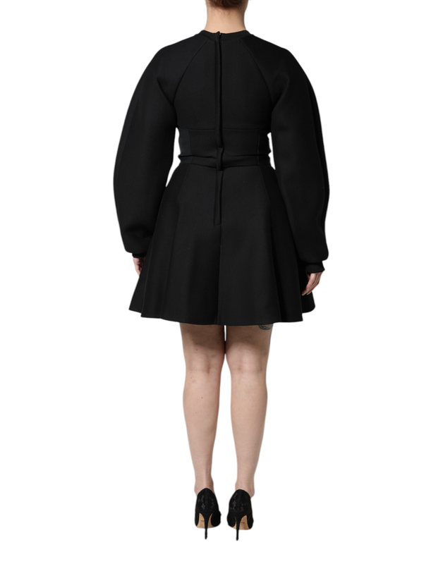 Black cotton long sleeves a-line mini dress-null