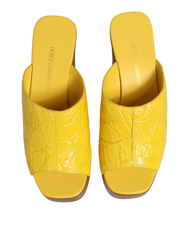 Yellow leather wood mule wedge slides shoes-null