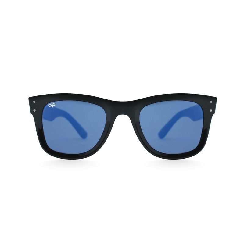 OJO sunglasses classic handmade shine black frame and temples with nylon blue reverse lenses rx-null