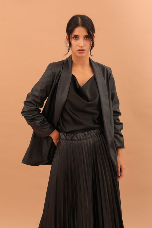 Mirabel faux leather ruffle sleeve blazer - black-null