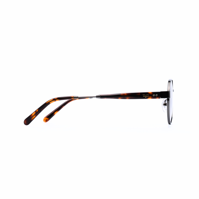 Product image: OJO sunglasses handmade round gun frame and shell brown temple with brown polarised lenses rx-null