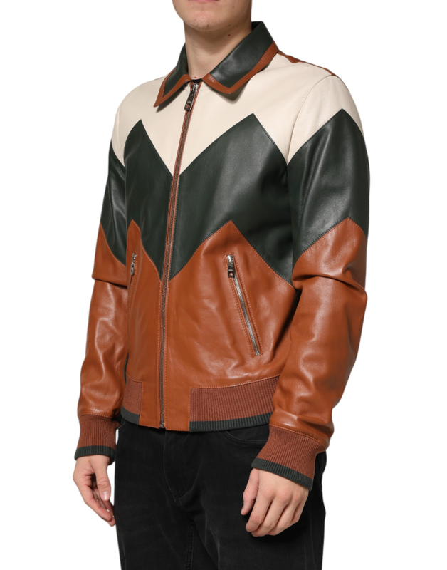 Multicolor leather full zip men biker jacket-null