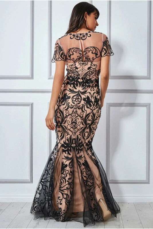 Embroidered mesh  lace maxi with scalloped hem-null