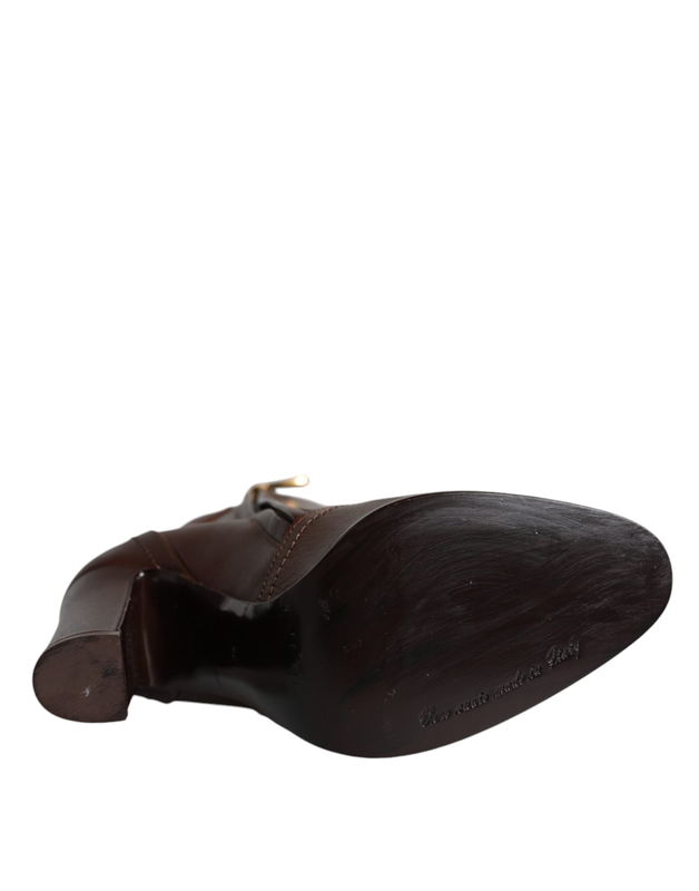 Brown leather heels mid calf boots shoes-null