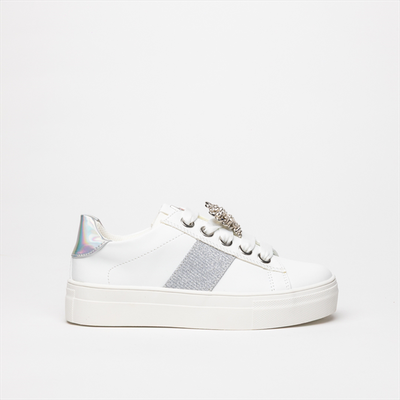 Asso glittery details and decorative trim girls sneakers, White, medium