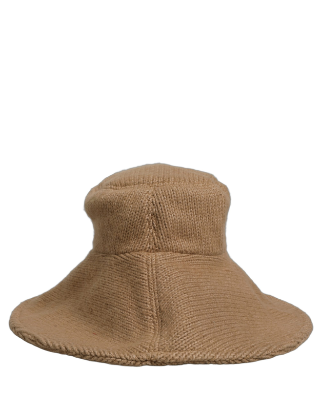 Women brown cotton knit widebrim bucket capello hat-null