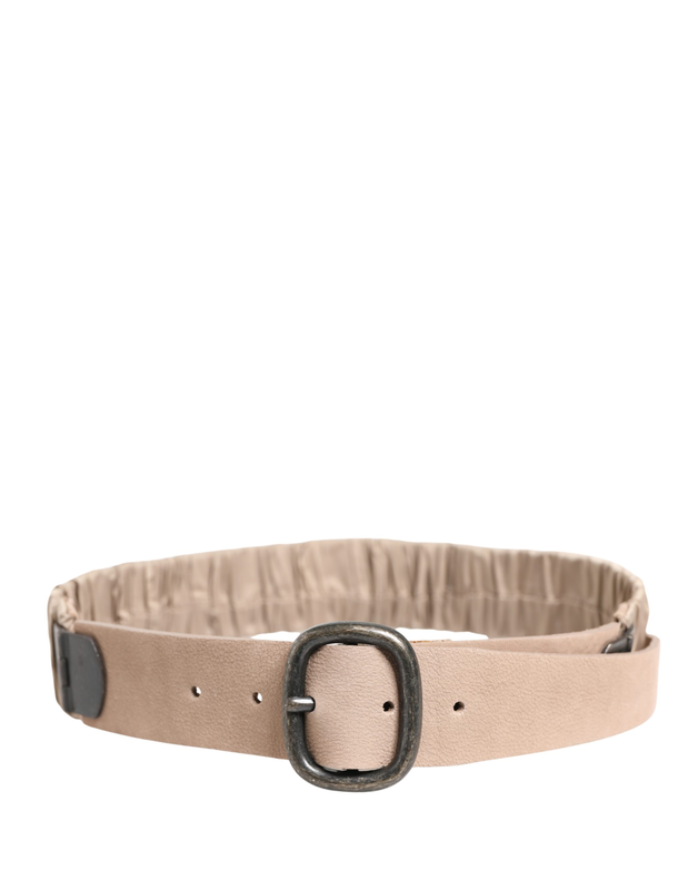 Women beige polyester silver metal buckle waist belt-null