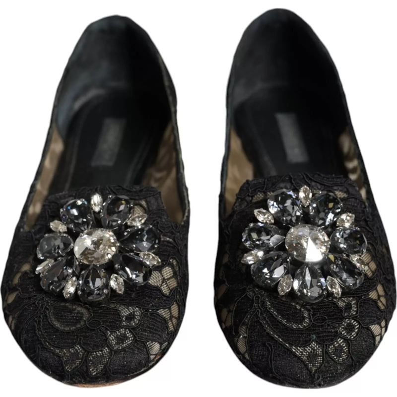Black lace crystal ballet flats loafer shoes-null