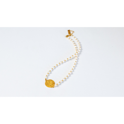 Necklace with Gold-plated Phaistos Disc and Pearls, Gold and pearl white, medium
