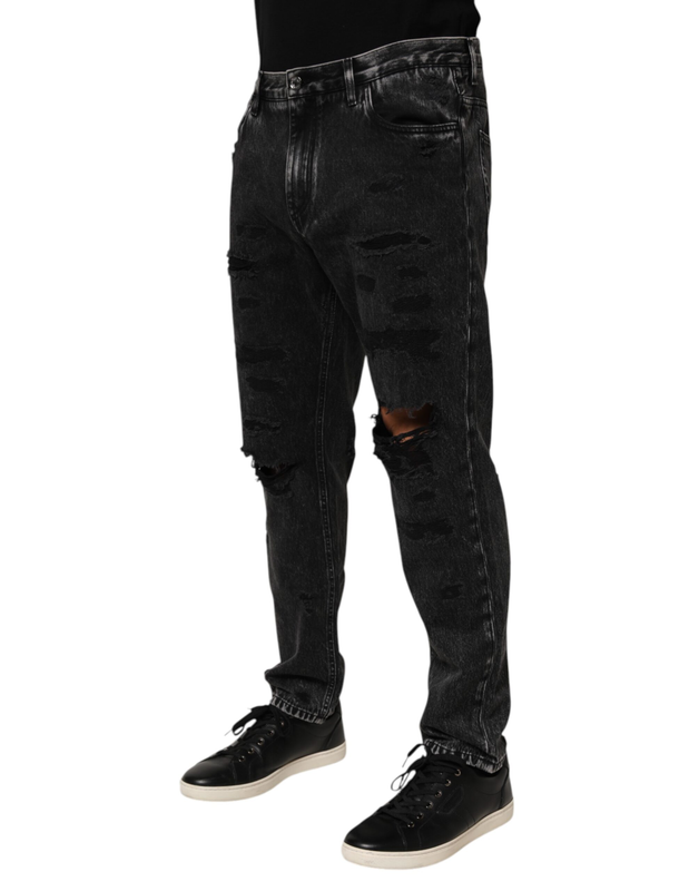 Black washed ripped loose cotton denim jeans-null