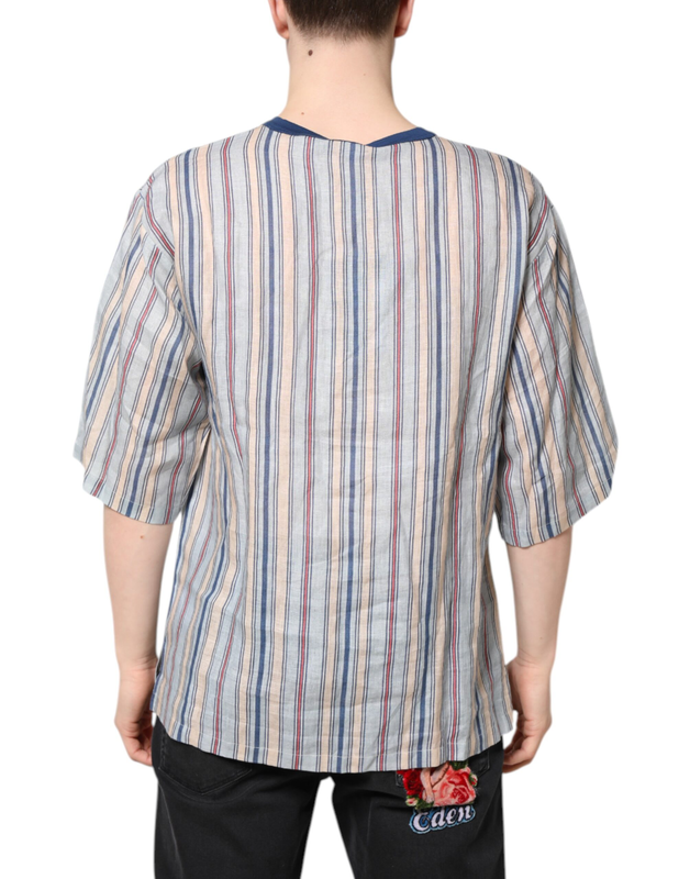 Multicolor striped pin up linen round neck t-shirt-null