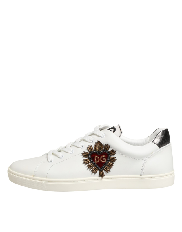 White leather heart embellished sneakers shoes-null