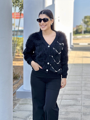 Cardigan faux fur details, Ecru, medium